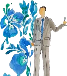 Akvarelillustration af en gæst i jakkesæt mod blå blomster