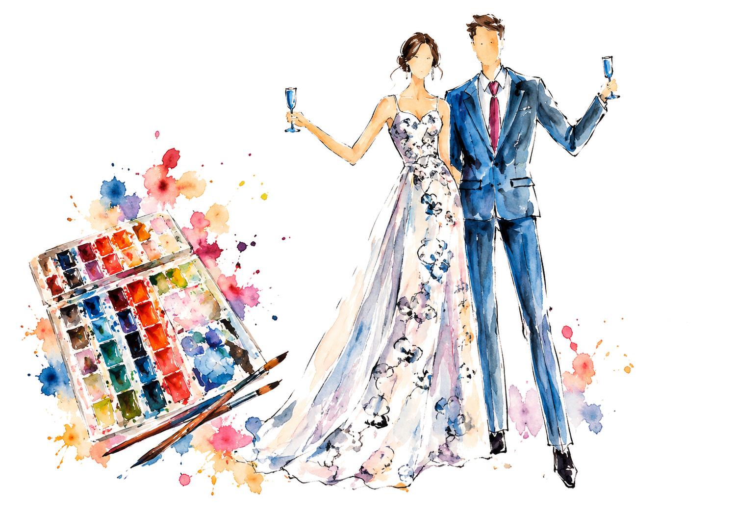 Akvarelillustration af et brudepar med champagneglas ved siden af en farvekasse og pensler