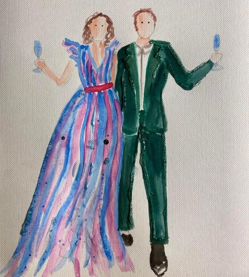 Ilustracja gości weselnych wykonana akwarelą na papierze w formacie A6