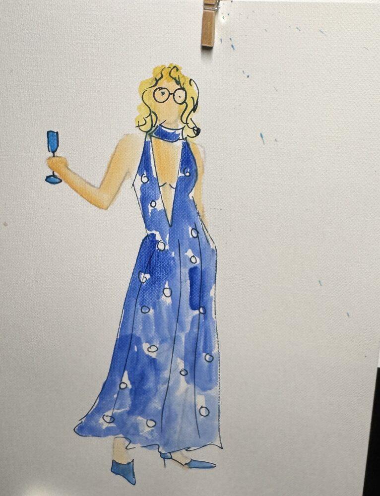 Portret gościni w granatowej sukni z kieliszkiem, malowany akwarelą