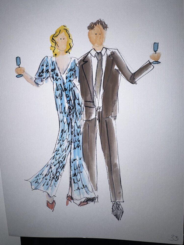 Ilustracja pary gości: wzorzysta niebieska suknia i szary garnitur