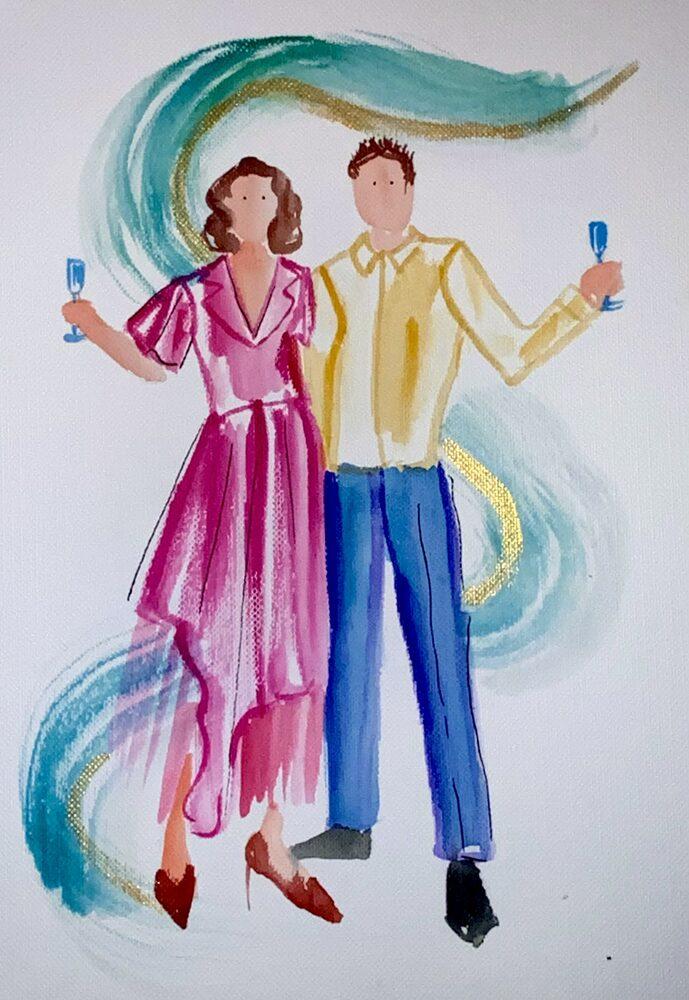 Ilustracja tańczącej pary gości na tle turkusowej wstęgi