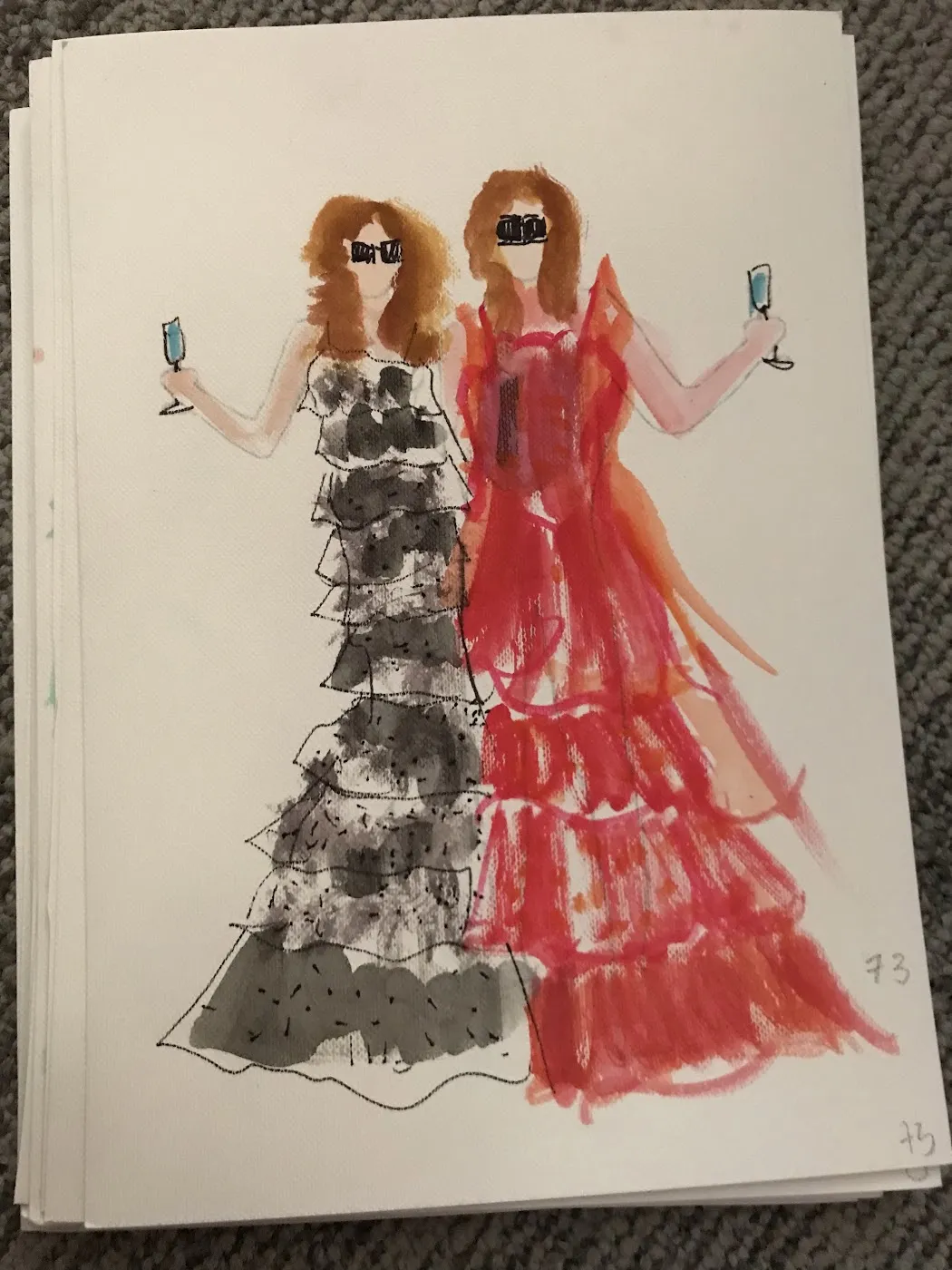 Akwarelowa ilustracja dwóch kobiet w czarnej i czerwonej sukni