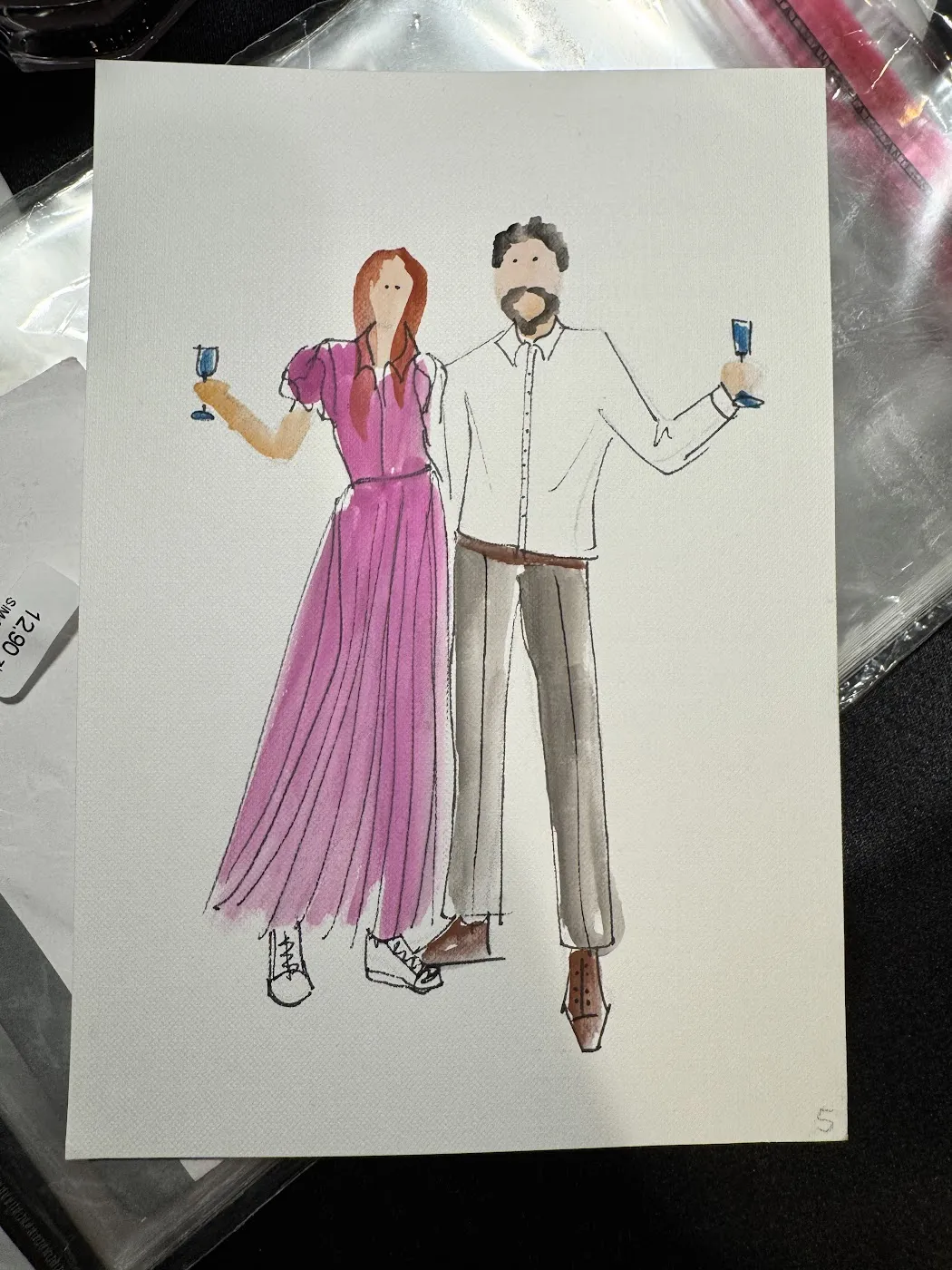 Akwarelowa ilustracja pary w różowej sukience i jasnym garniturze