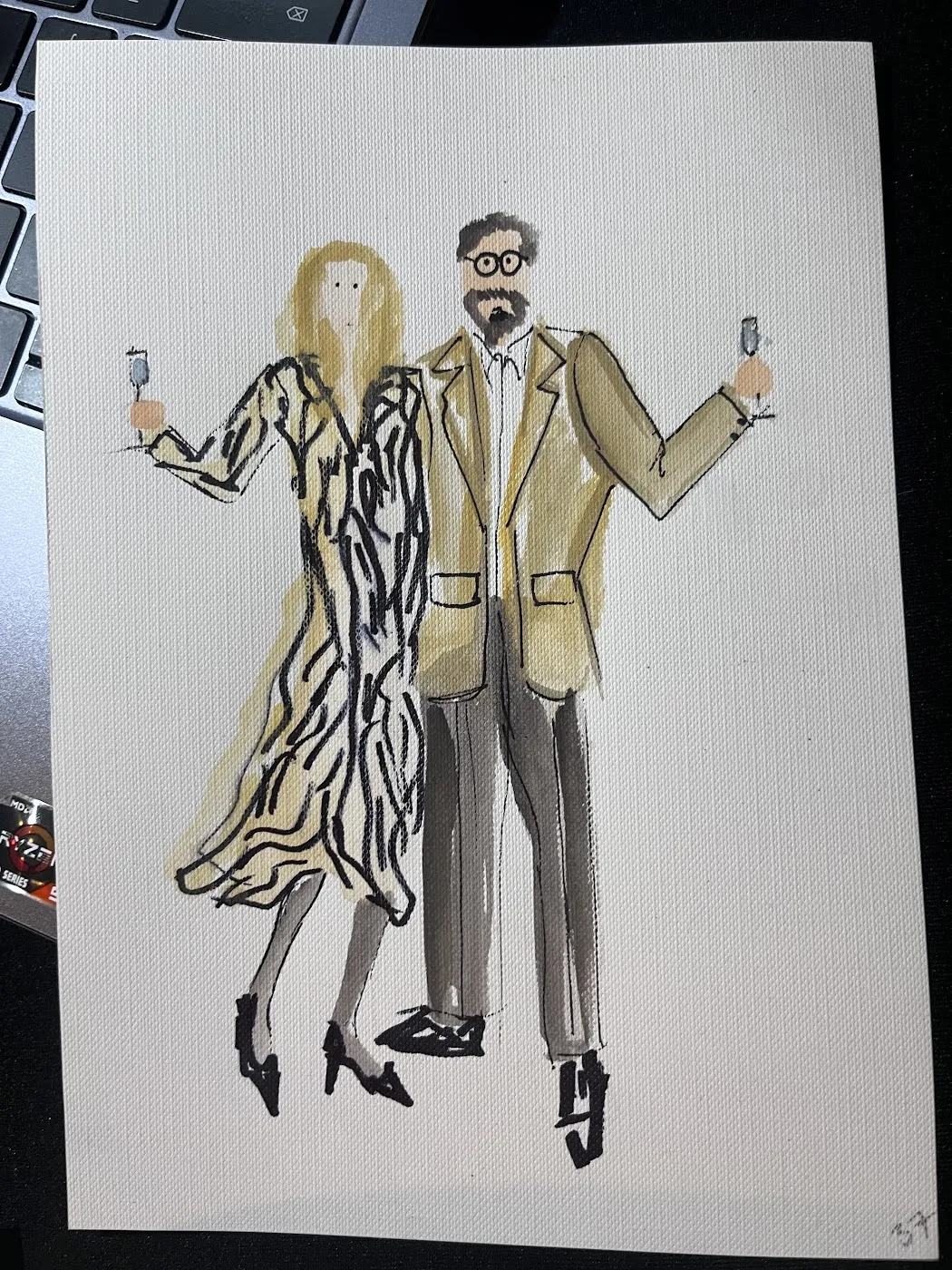 Akwarelowa ilustracja pary, kobieta we wzorzystym płaszczu i mężczyzna w marynarce