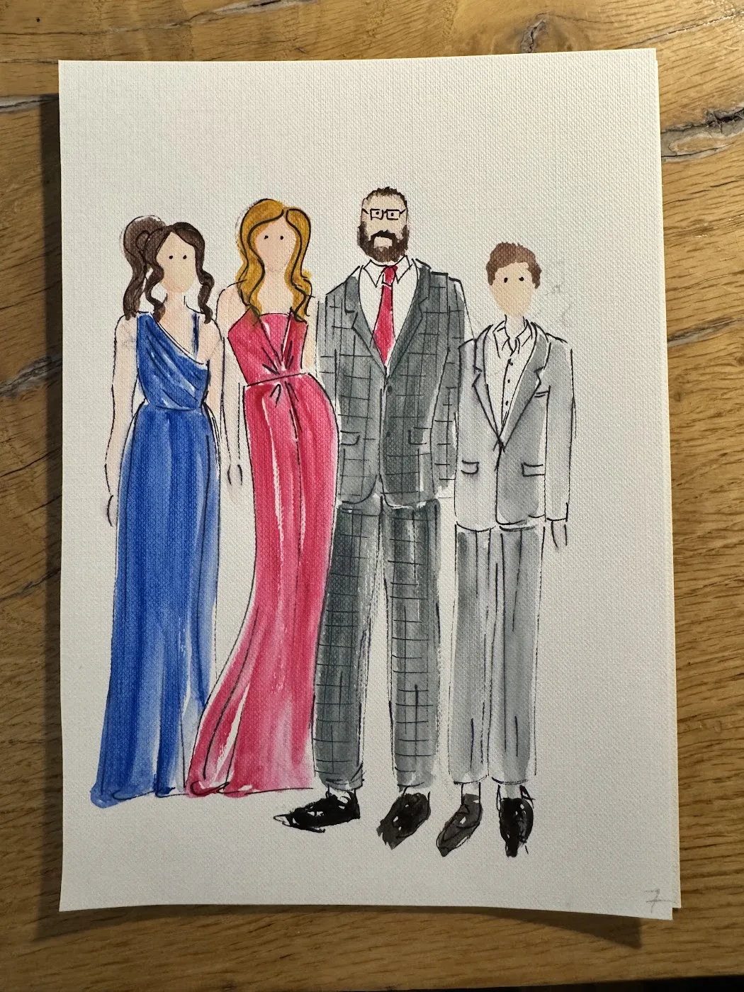 Akwarelowy portret czworga gości w wieczorowych strojach na drewnianym stole