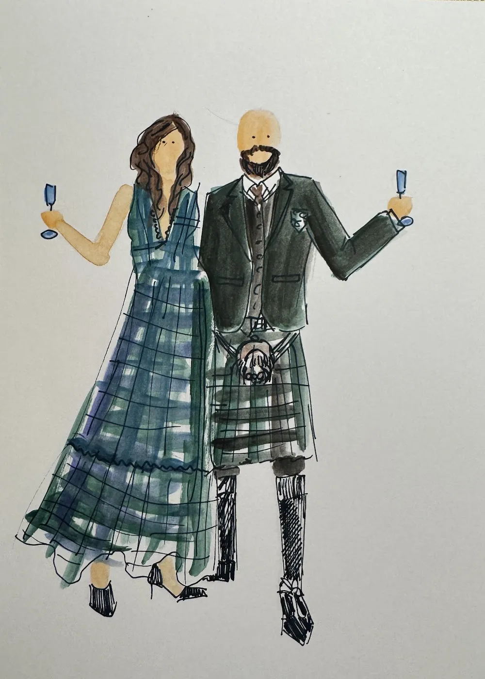 Akwarelowa ilustracja pary, kobieta w niebieskiej sukni i mężczyzna w kilcie