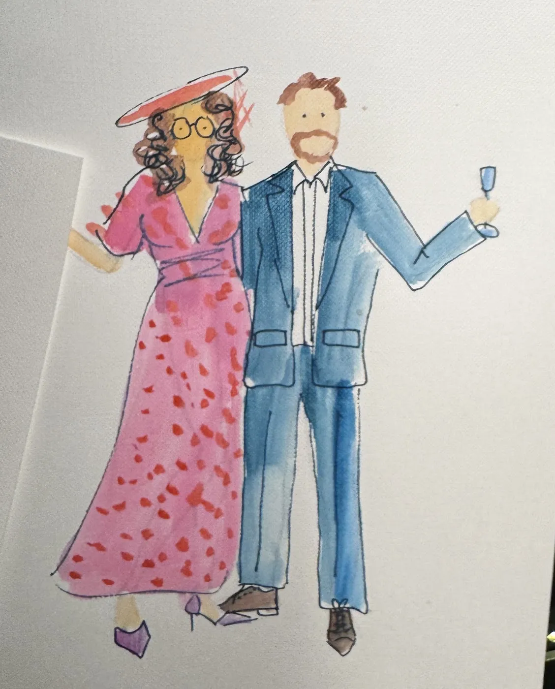 Akwarelowa ilustracja pary w różowej sukience w kropki i niebieskim garniturze