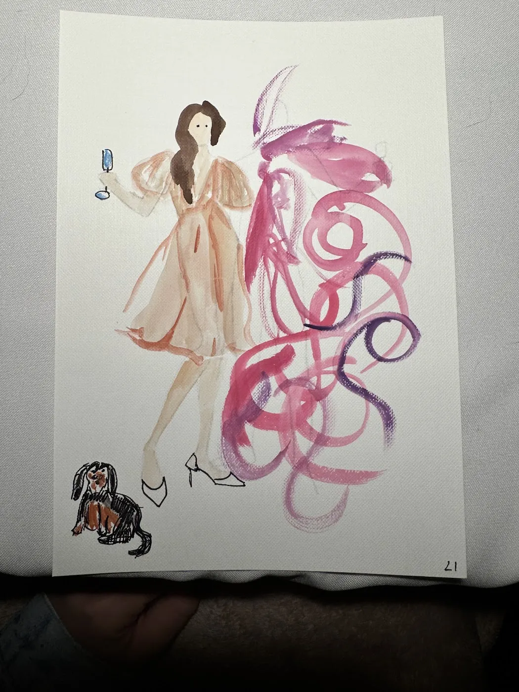 Akwarelowa ilustracja kobiety w jasnej sukience z małym psem