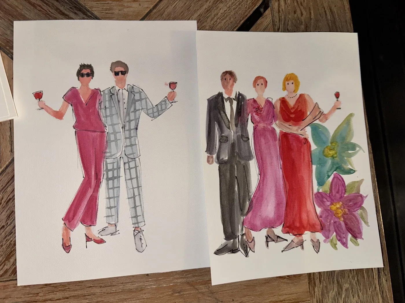 Dwie gotowe akwarelowe ilustracje gości w eleganckich strojach weselnych