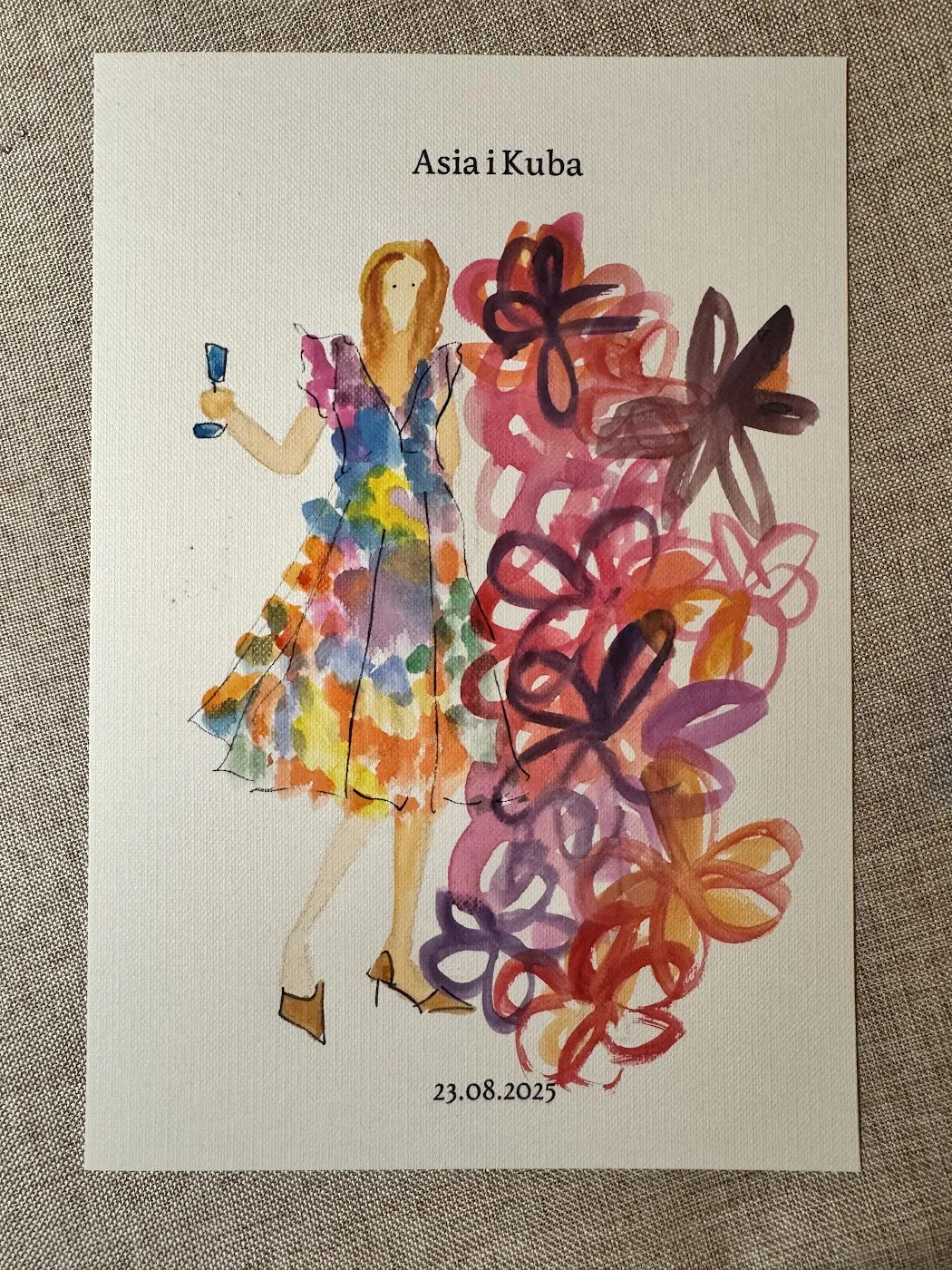 Akwarelowa ilustracja kobiety w kwiecistej sukience wśród malowanych kwiatów