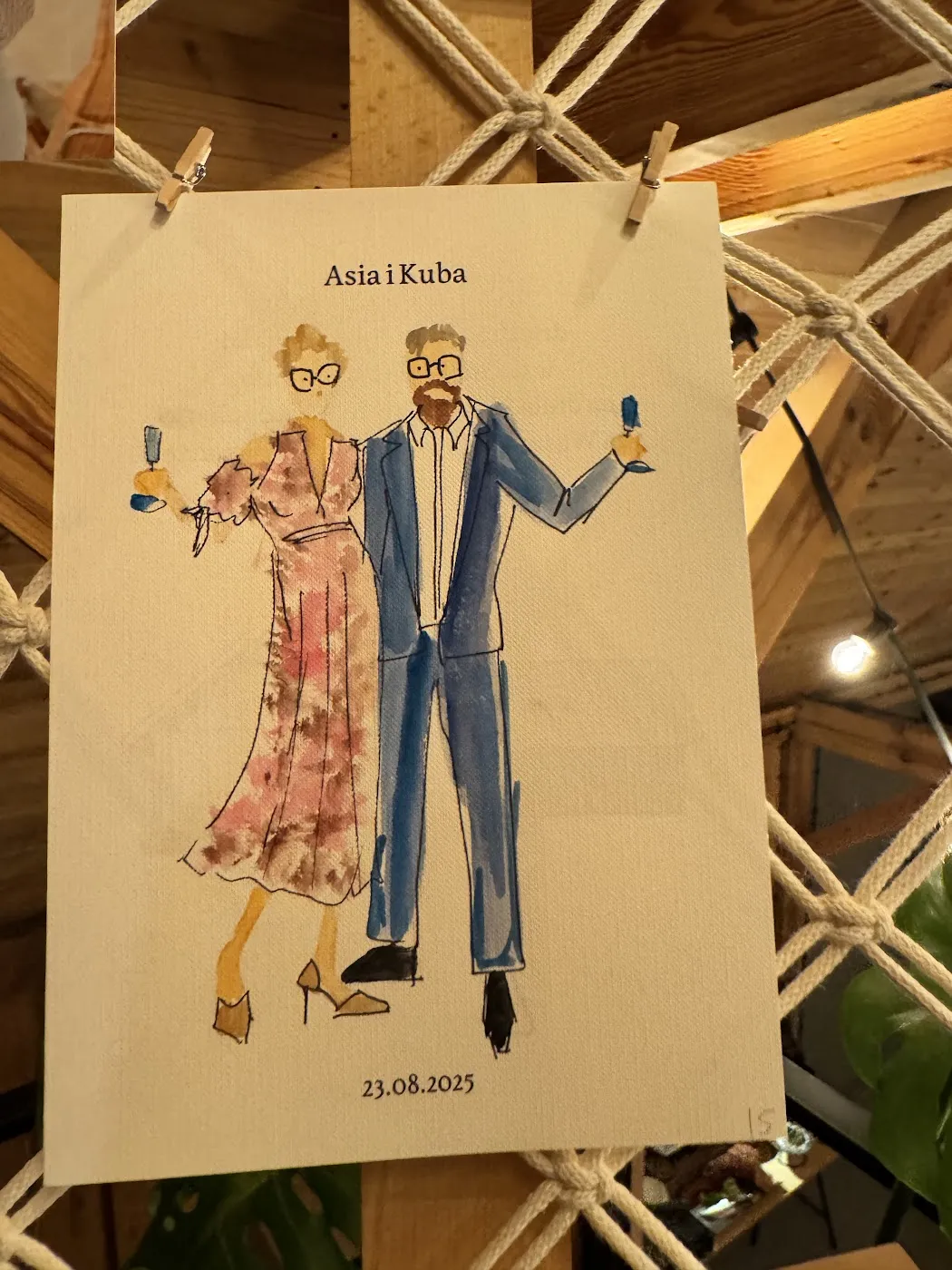 Akwarelowa ilustracja pary młodej z podpisem Asia i Kuba