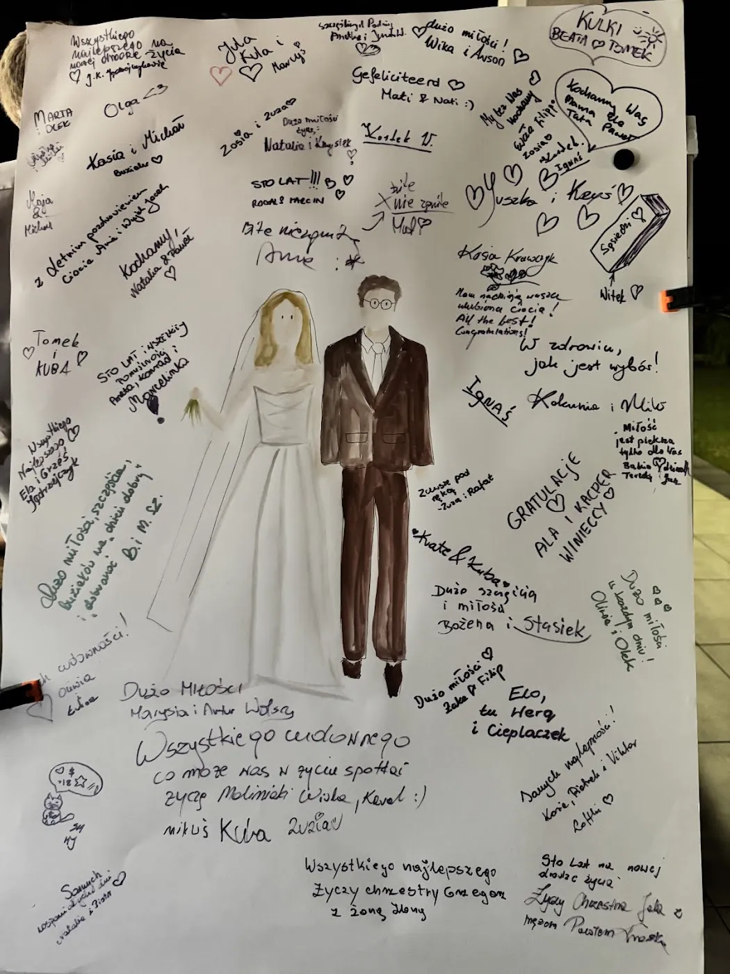 Akwarelowa ilustracja pary młodej otoczona odręcznymi życzeniami gości