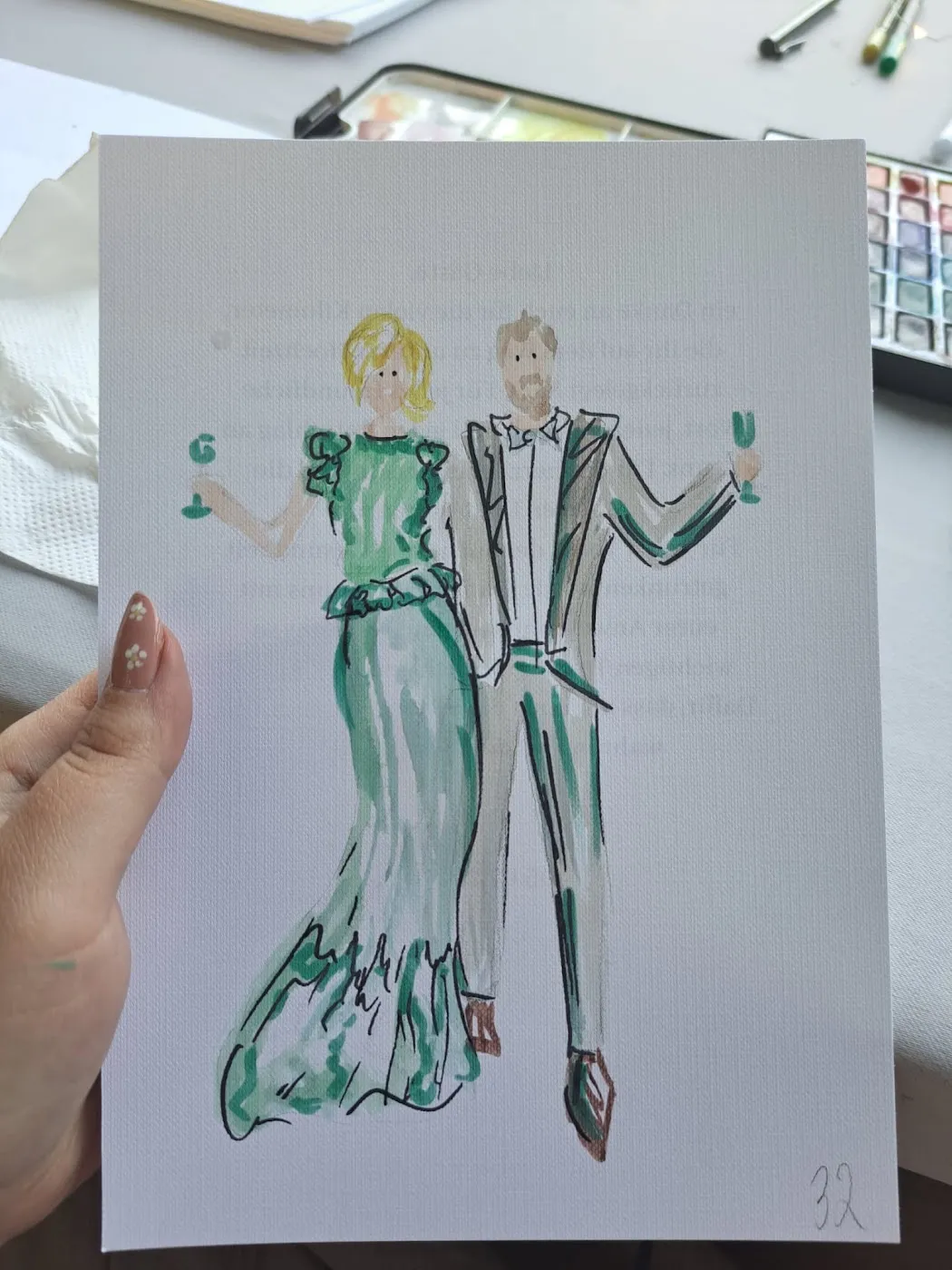 Świeża akwarelowa ilustracja pary gości z kieliszkami uniesionymi do toastu
