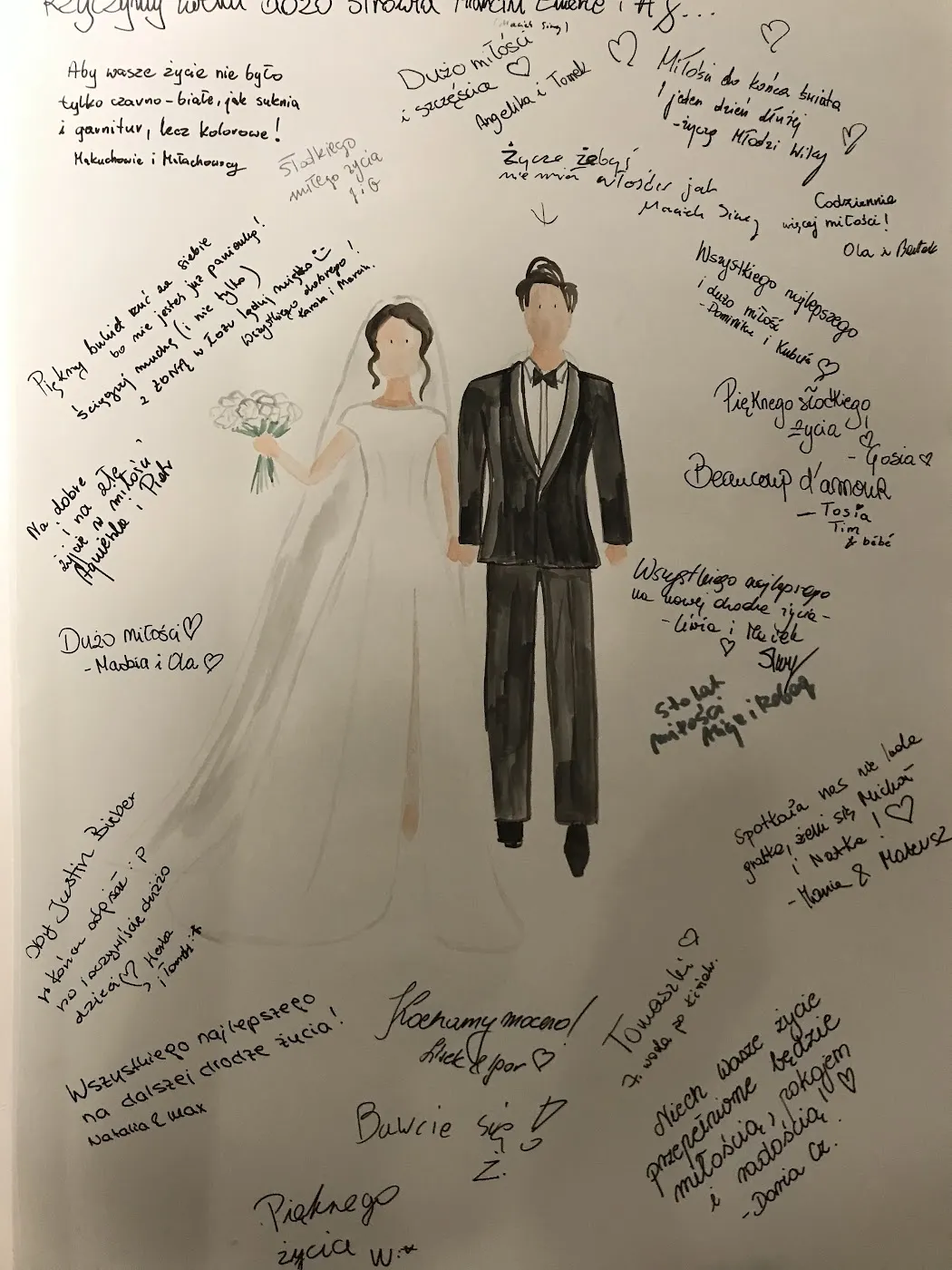 Ilustracja pary młodej otoczona życzeniami wpisanymi przez gości weselnych